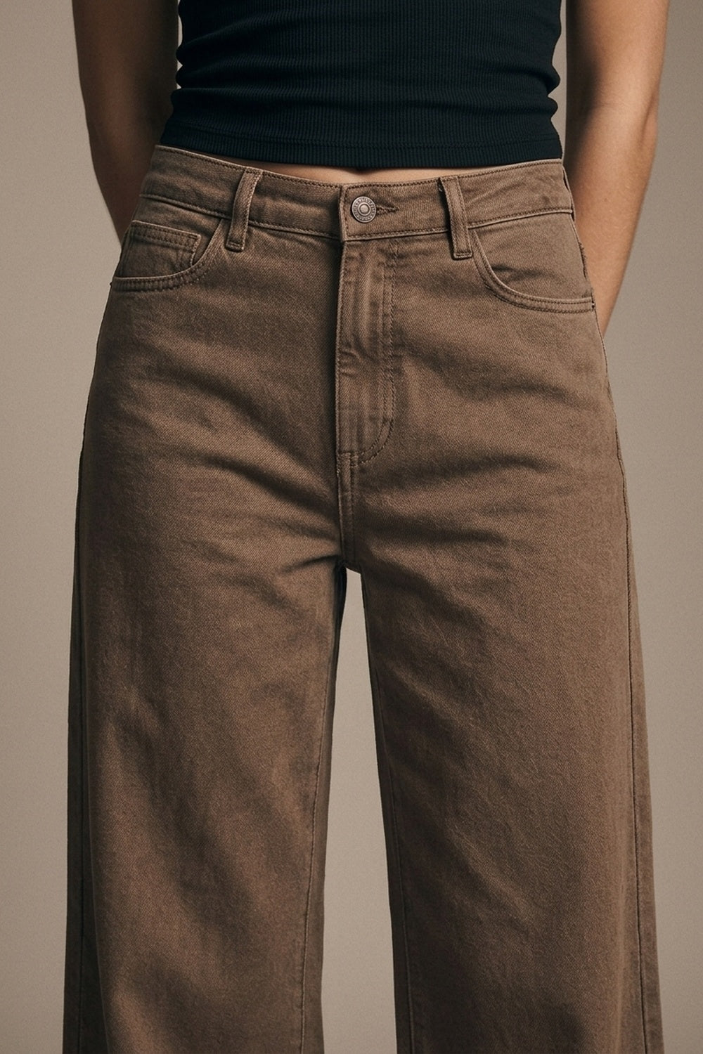 Brown Wide-Leg Casual Cotton Denim Pants - Coloured Jeans