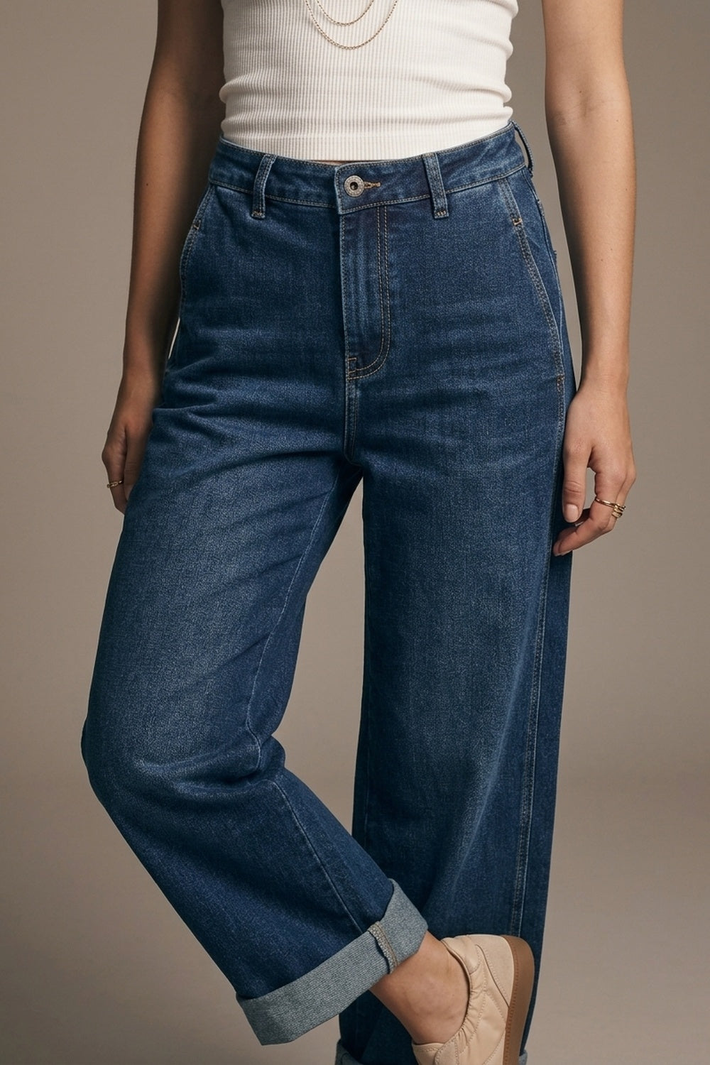 Dark wash Blue Wide-Leg Jeans with side pockets - Denim