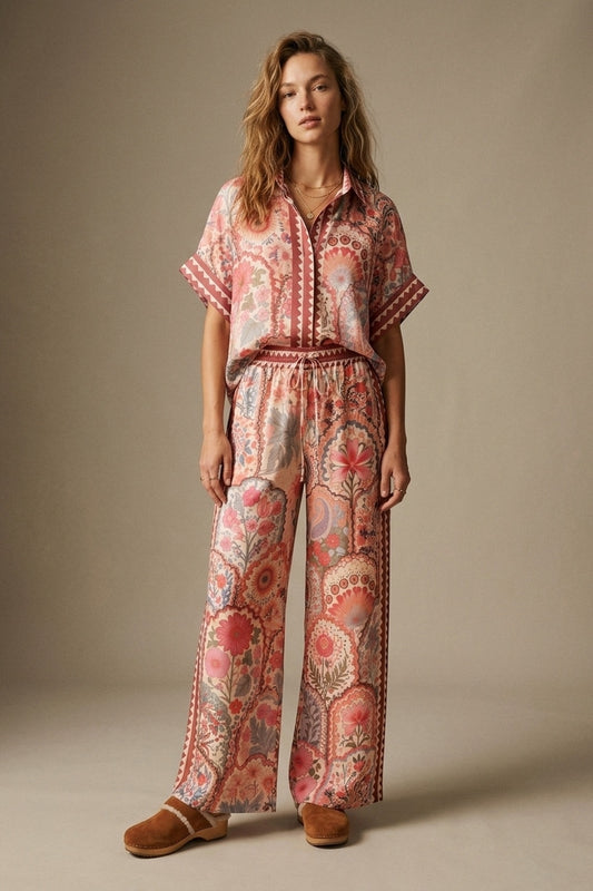 Multicolor Floral Print Lightweight Woven Fabric pants with Waist Wide - trousers
