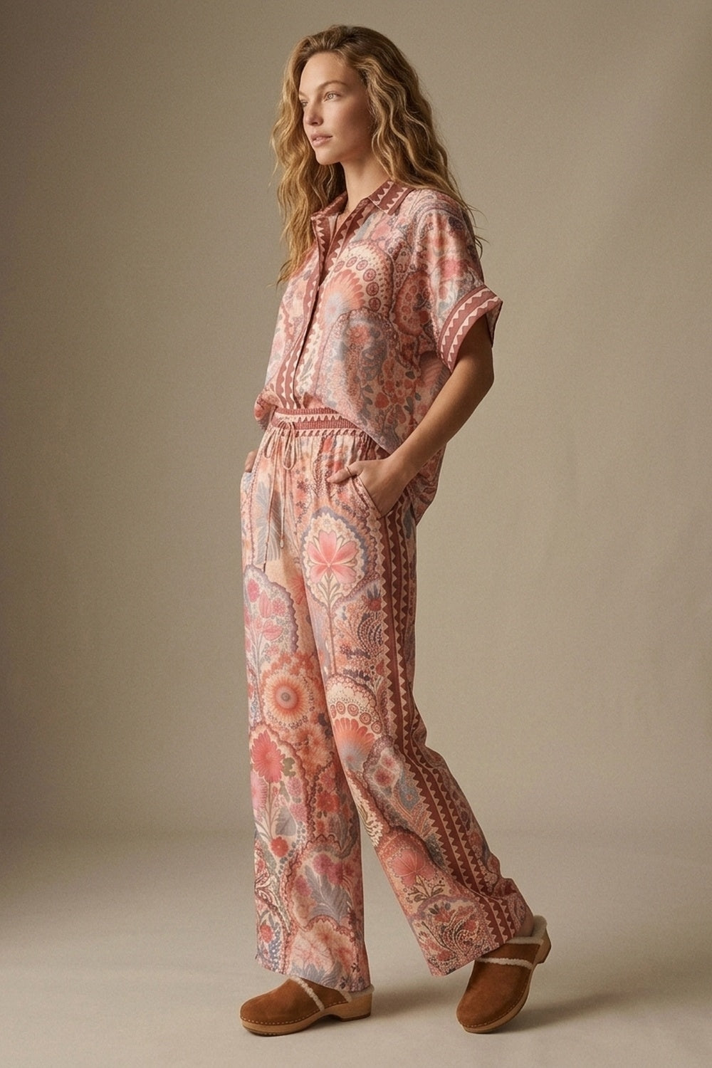 Multicolor Floral Print Lightweight Woven Fabric pants with Waist Wide - trousers