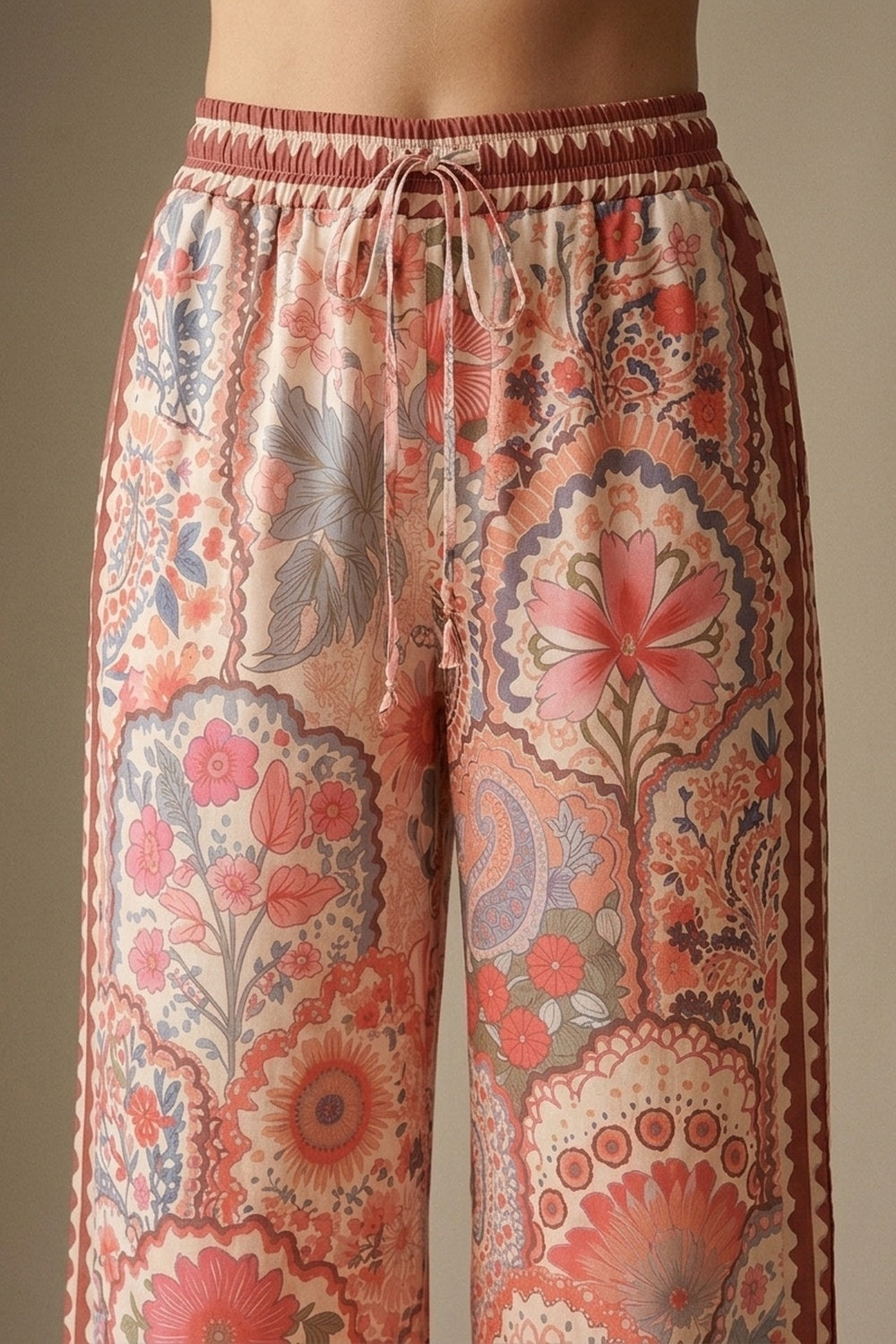 Multicolor Floral Print Lightweight Woven Fabric pants with Waist Wide - trousers