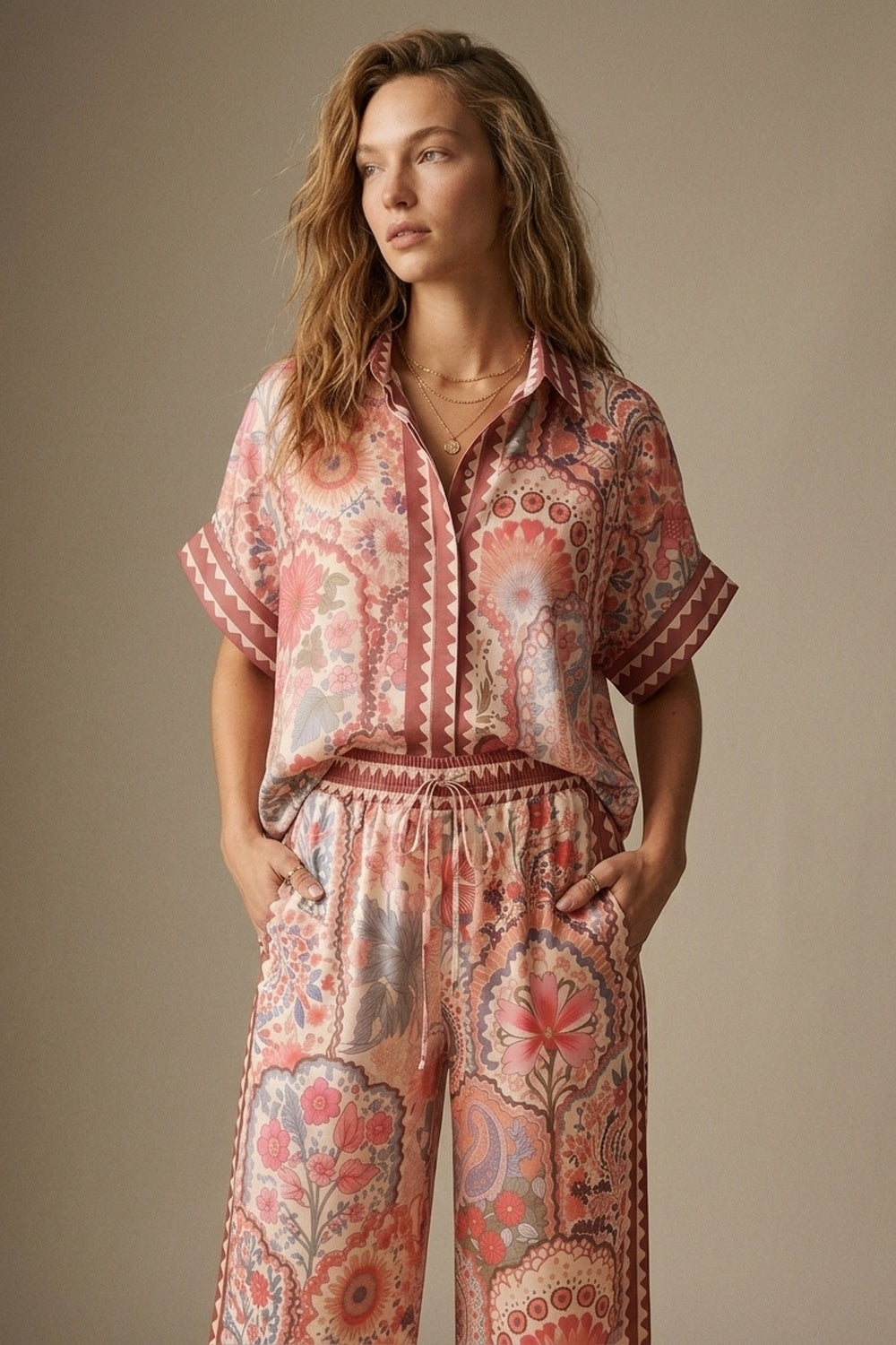 Multicolor Floral Print Lightweight facric Contrast Trim Shirt - Shirts