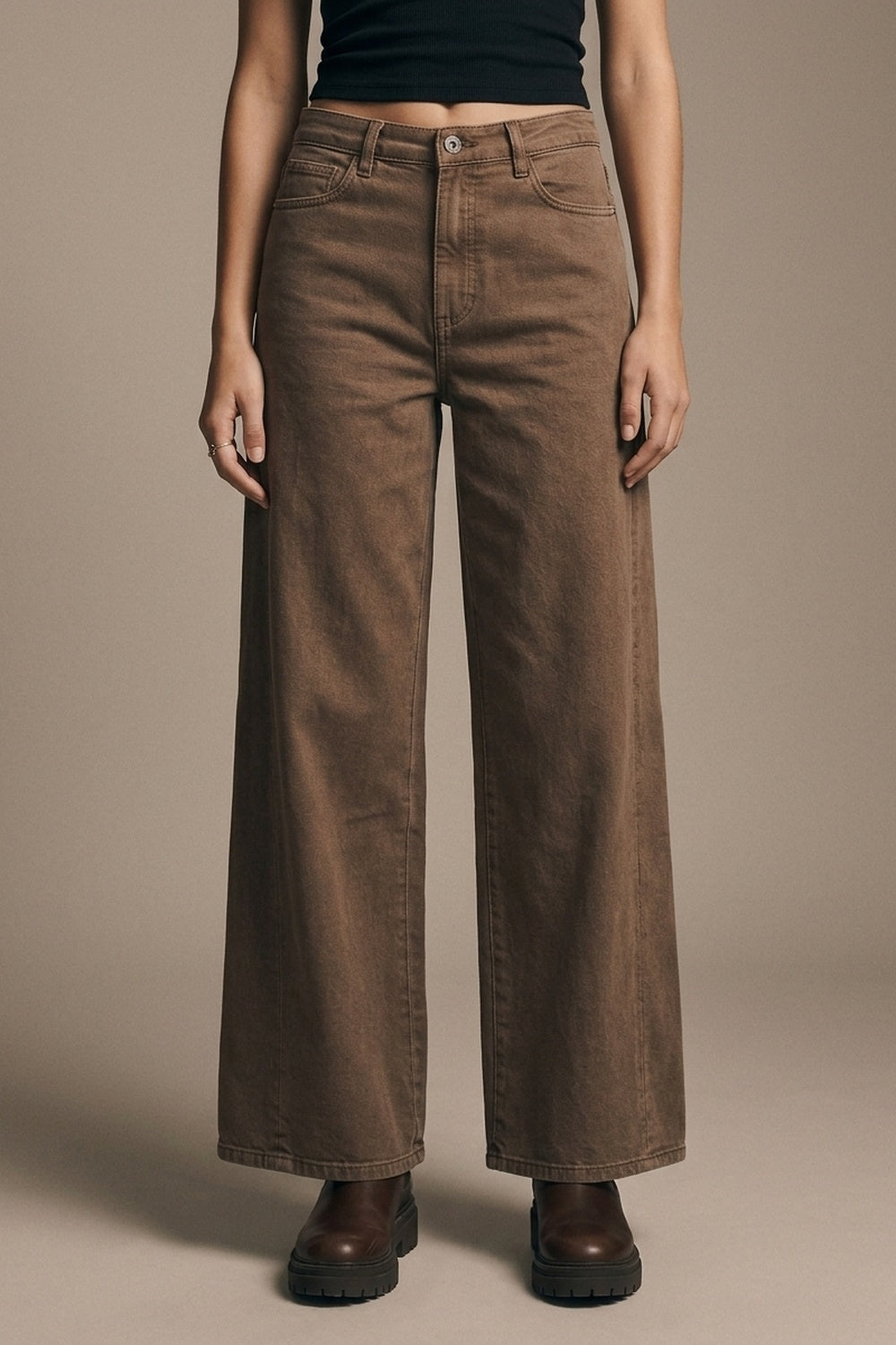 Brown Wide-Leg Casual Cotton Denim Pants - Coloured Jeans