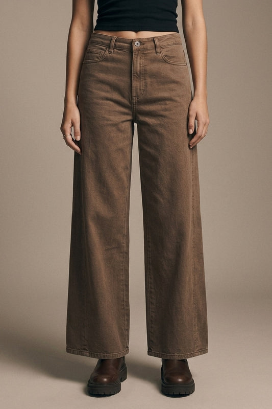 Brown Wide-Leg Casual Cotton Denim Pants - Coloured Jeans