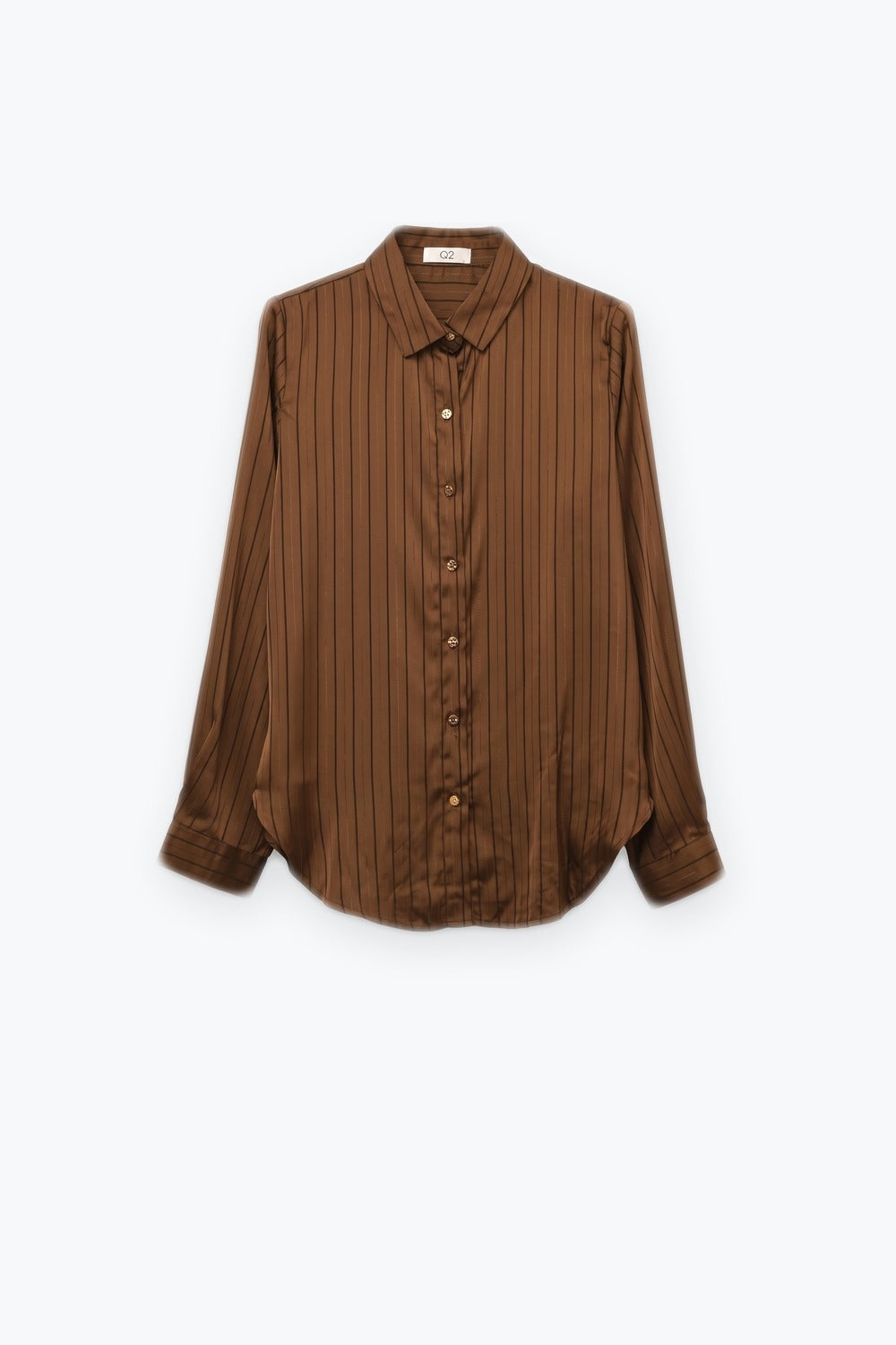 Brown Pinstripe Satin Gold Button Long Sleeve Shirt in satin fabric - Shirts