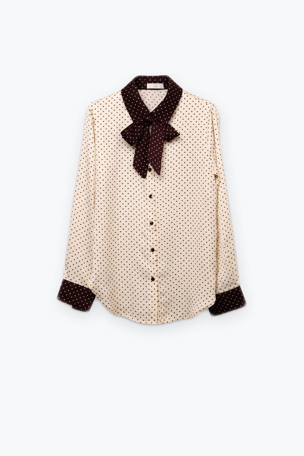 Cream Polka-Dot Print Long Sleeve Blouse with burgundy Contrast Bow Tie - Shirts