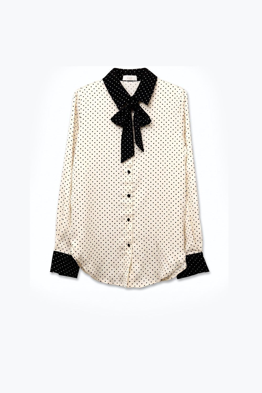 Cream Polka-Dot Lightweight satin black Contrast Tie Neck Blouse Shirt - Shirts