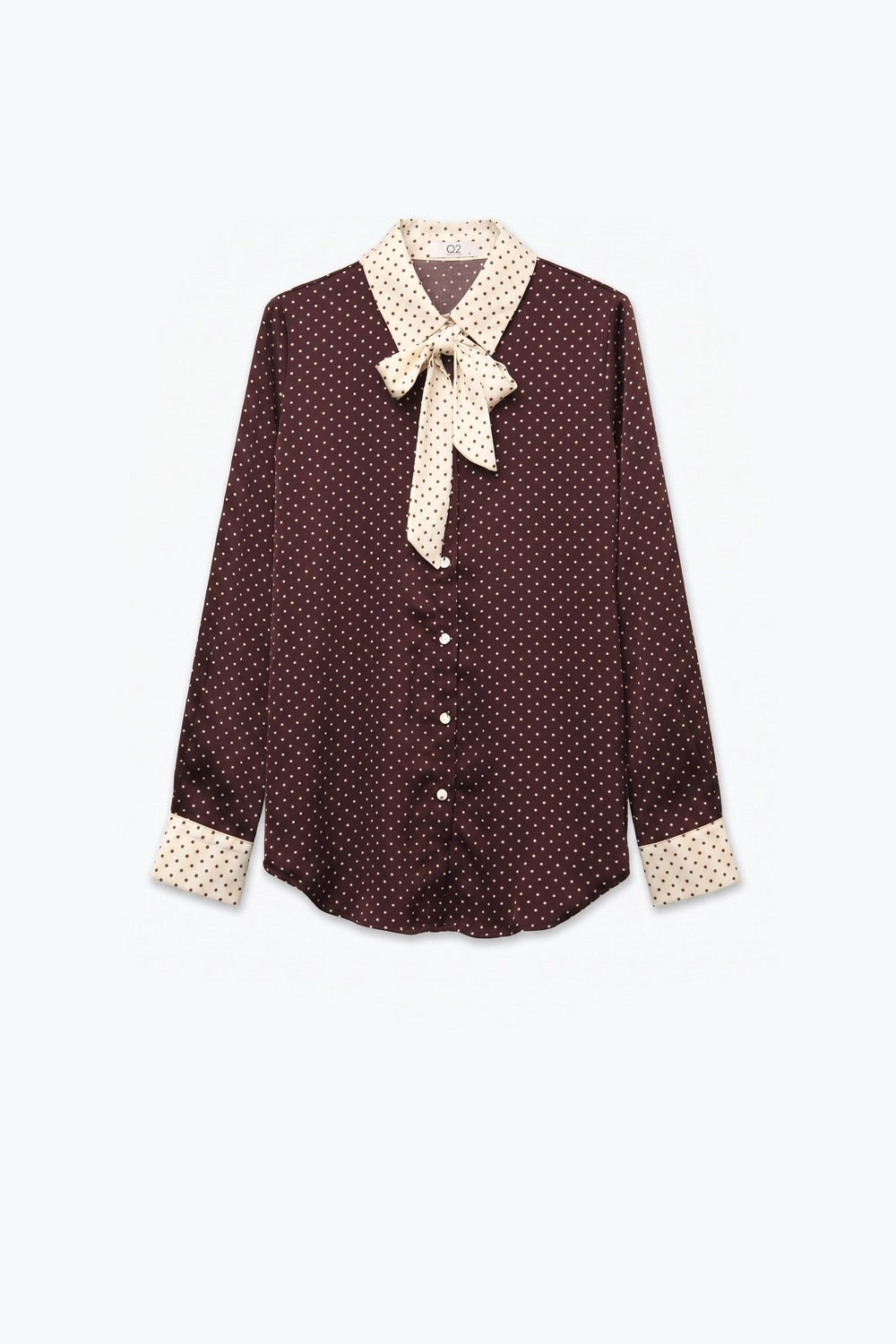 Burgundy satin Polka-Dot Print Blouse Shirt with cream Contrast Bow Tie - Shirts