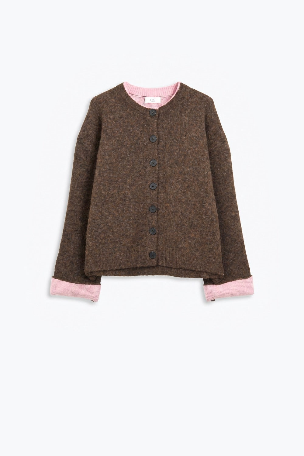 Brown Soft Knit pink Contrast Trim Button Cardigan Sweater - cardigan