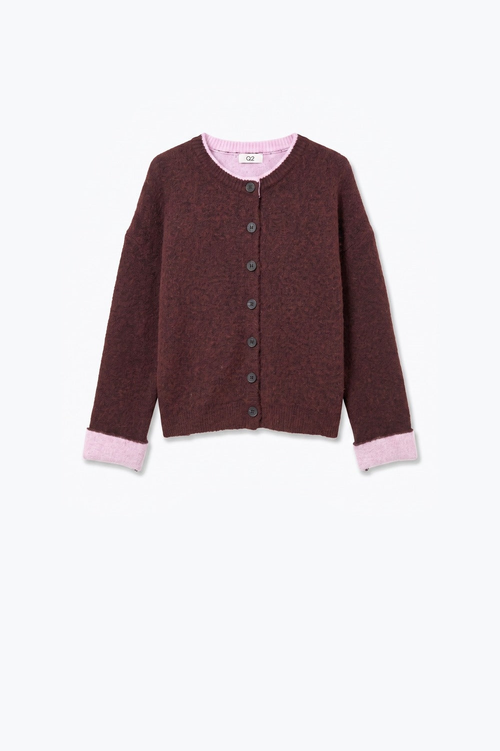 Burgundy Soft Knit Contrast Trim Button Cardigan Sweater - cardigan