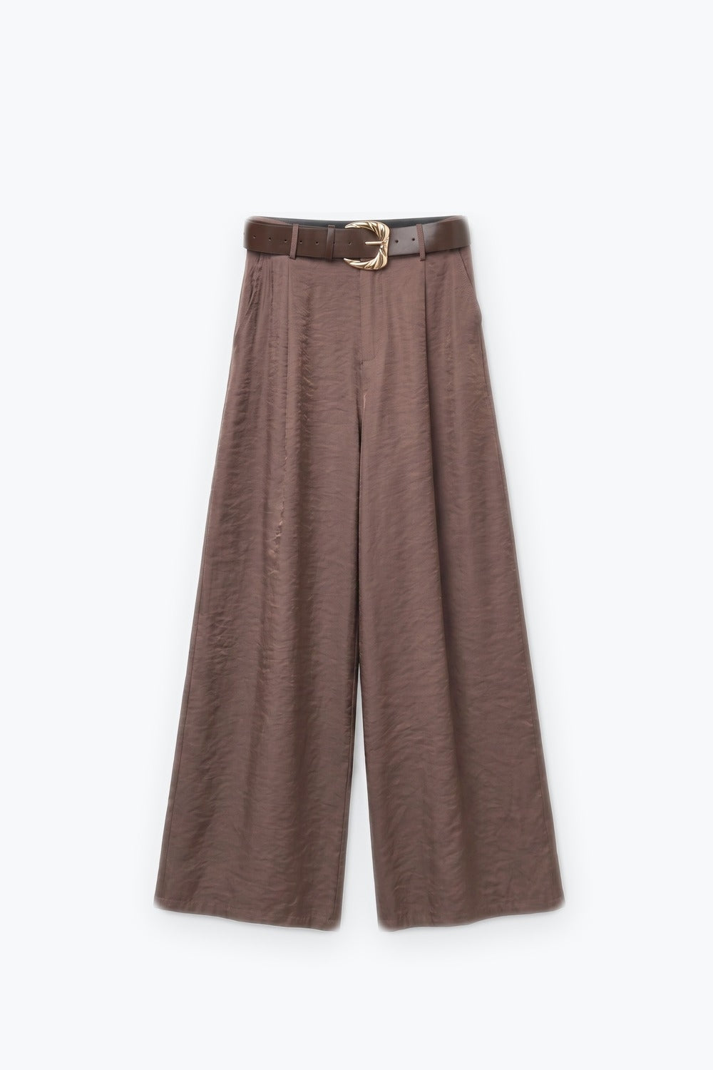 Brown shiny Textured Woven Belted Wide Leg Pants with Pleat Detail - trousers
