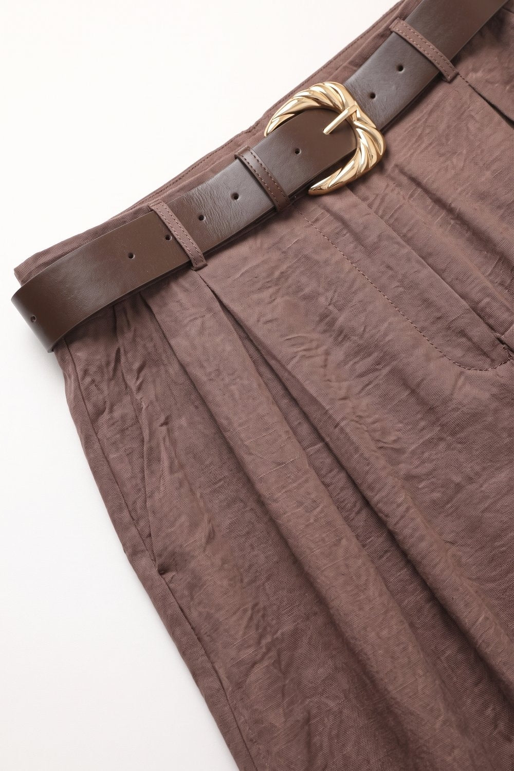 Brown shiny Textured Woven Belted Wide Leg Pants with Pleat Detail - trousers