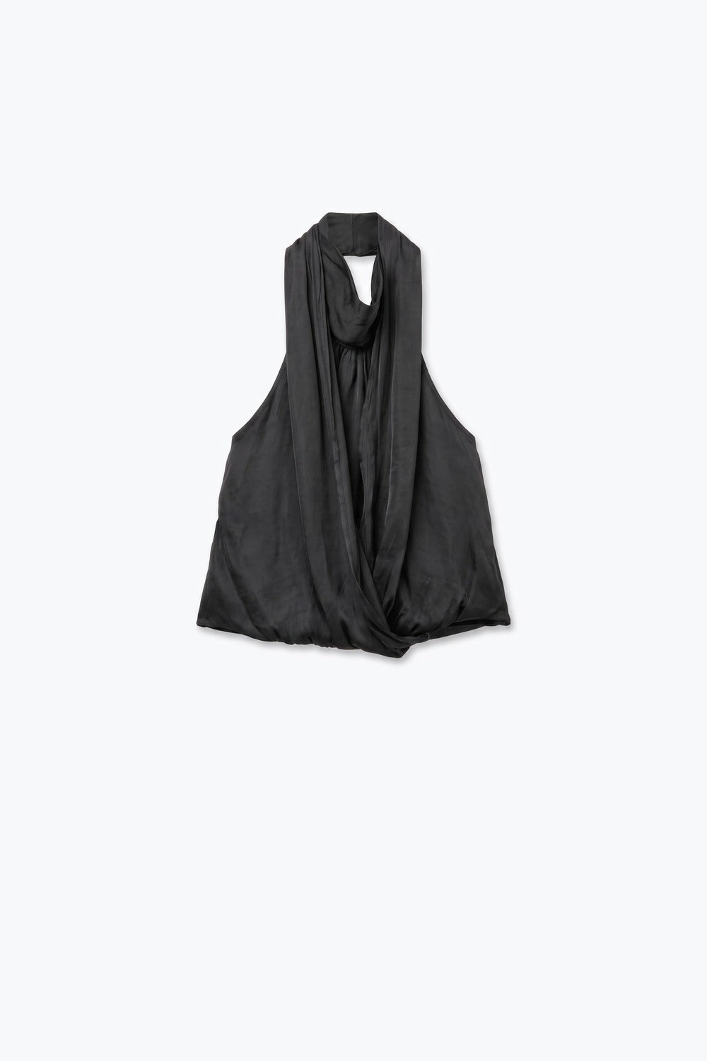Black Satin Draped Halter Neck Sleeveless Blouse Top - top