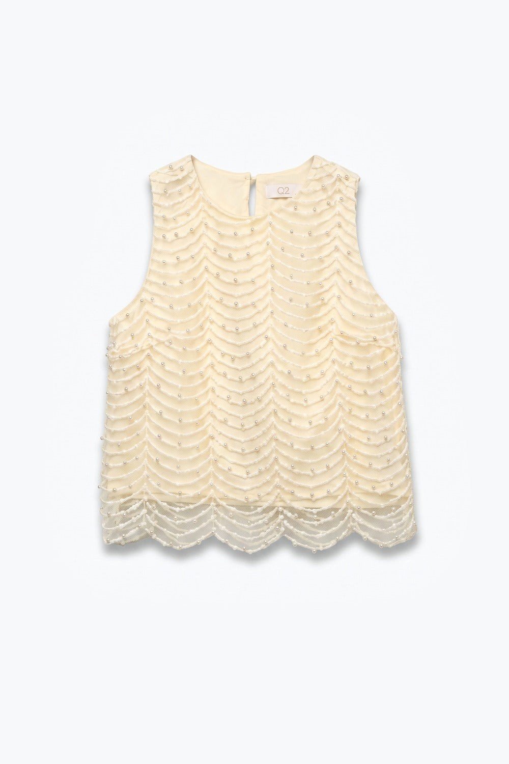 Cream Embellished Beaded Scallop Hem Sleeveless Blouse Top - top
