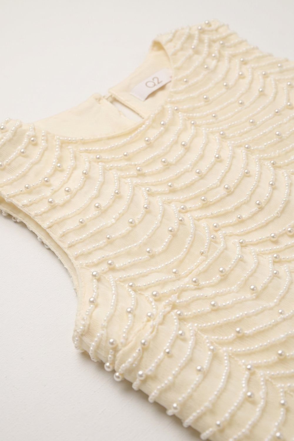 Cream Embellished Beaded Scallop Hem Sleeveless Blouse Top - top