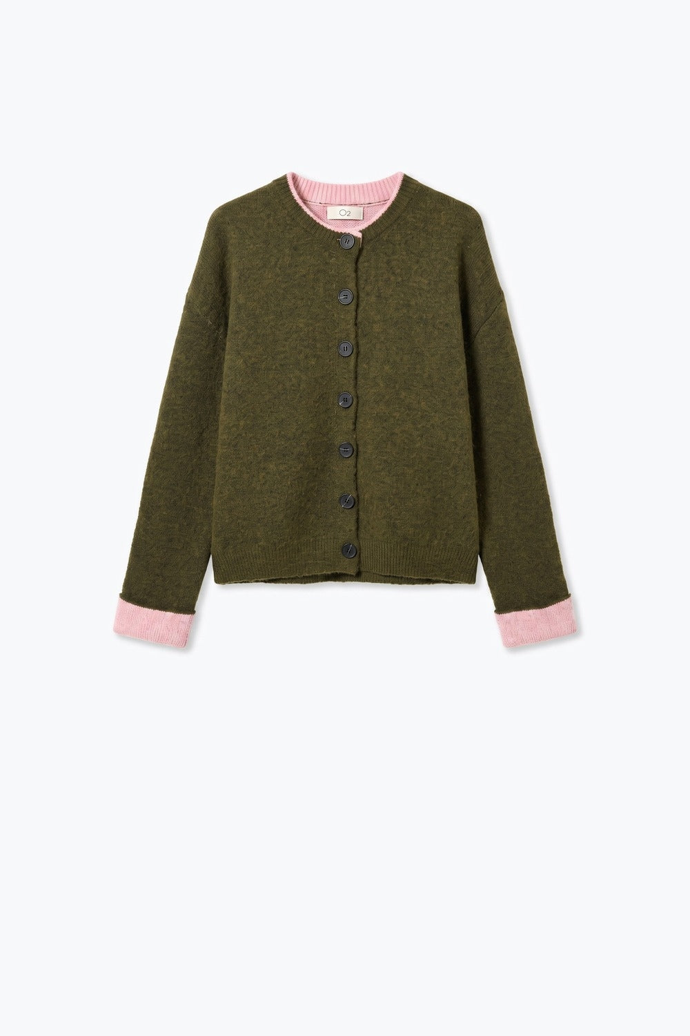 Olive Fine Knit Pink Ribbed Trim Button Cardigan - cardigan