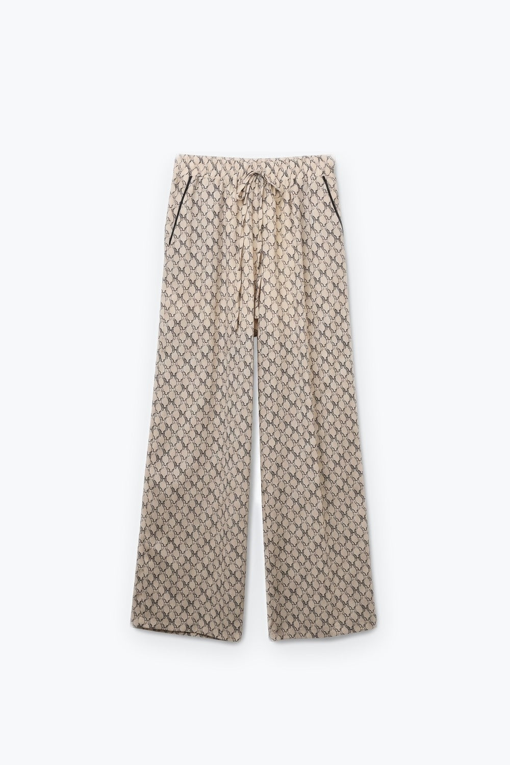Cream horse Print Quilted Drawstring Wide Leg Pants - trousers
