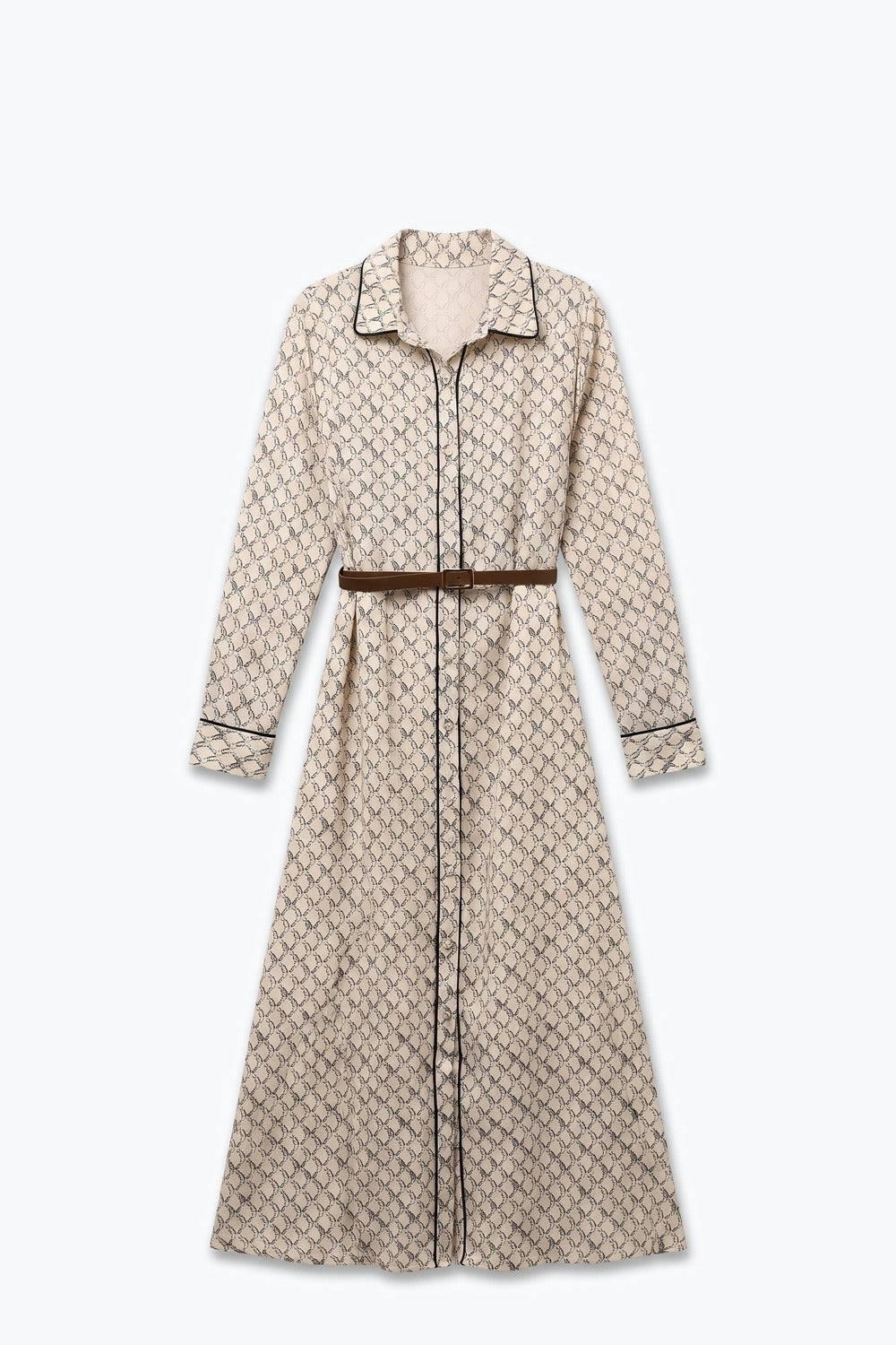 Cream Horses Printed Woven Piped Belted Maxi Shirt Dress - dress