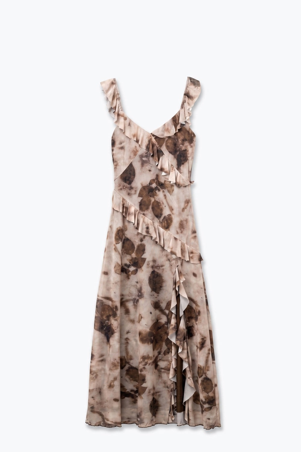 Beige Abstract Floral Chiffon Ruffle Trim V Neck Maxi Dress - dress