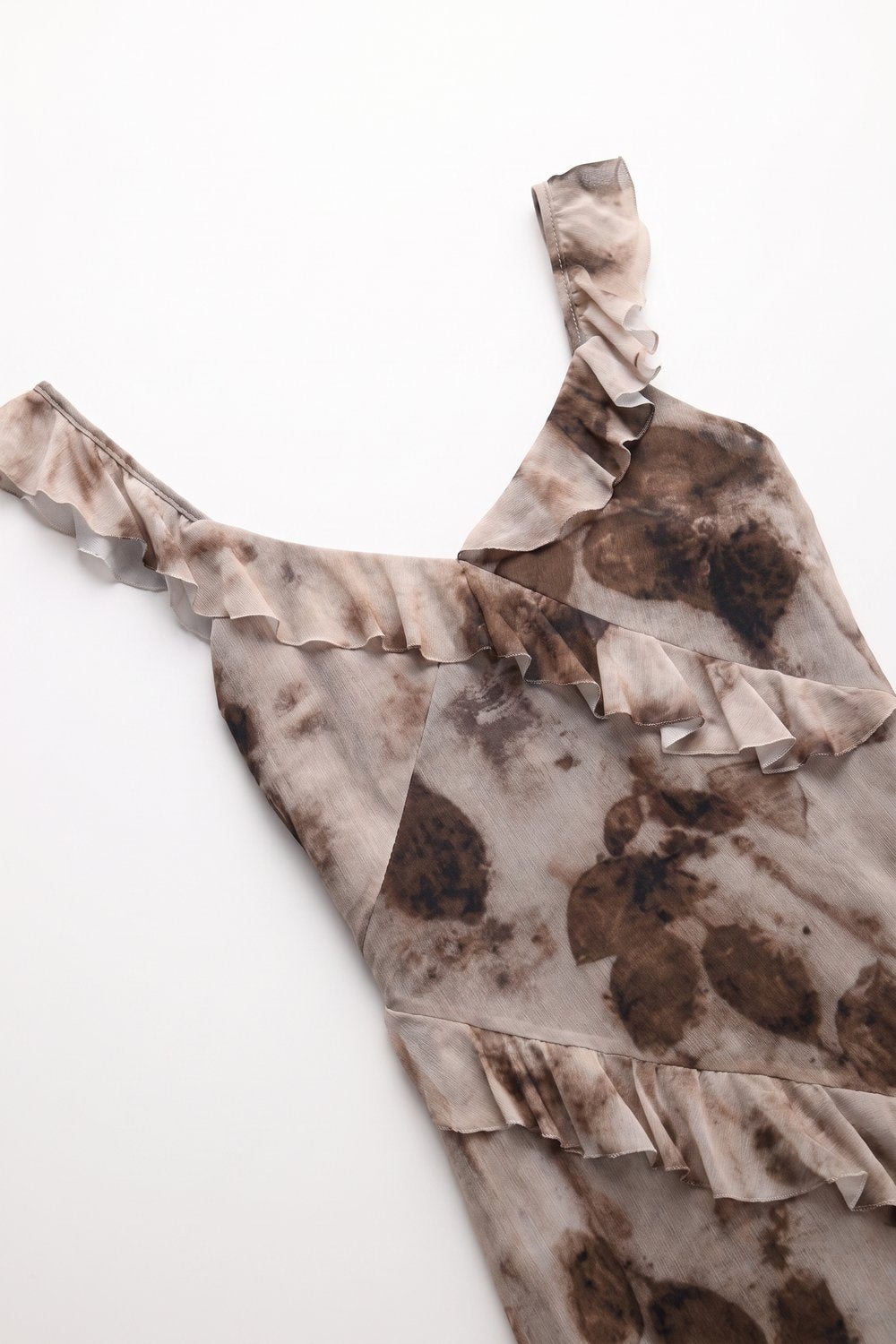 Beige Abstract Floral Chiffon Ruffle Trim V Neck Maxi Dress - dress
