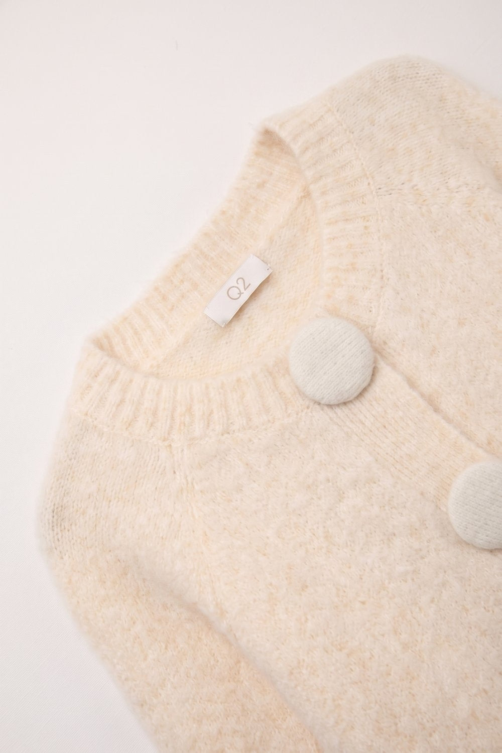 Cream fluffy Knit Round Neck Button Front Cardigan - cardigan