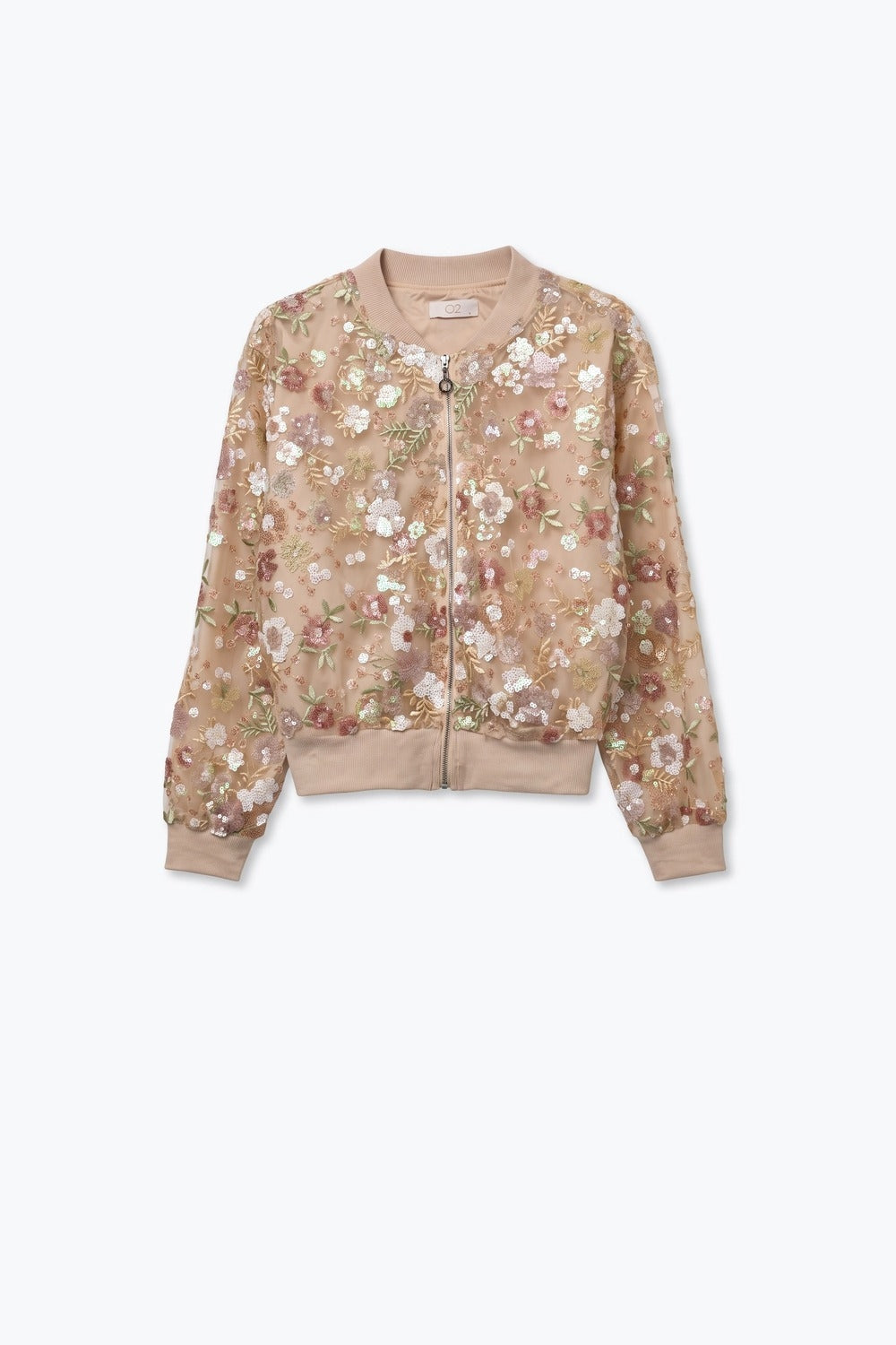 Beige Floral Sequined Sheer Zip Front Bomber Jacket - blazer