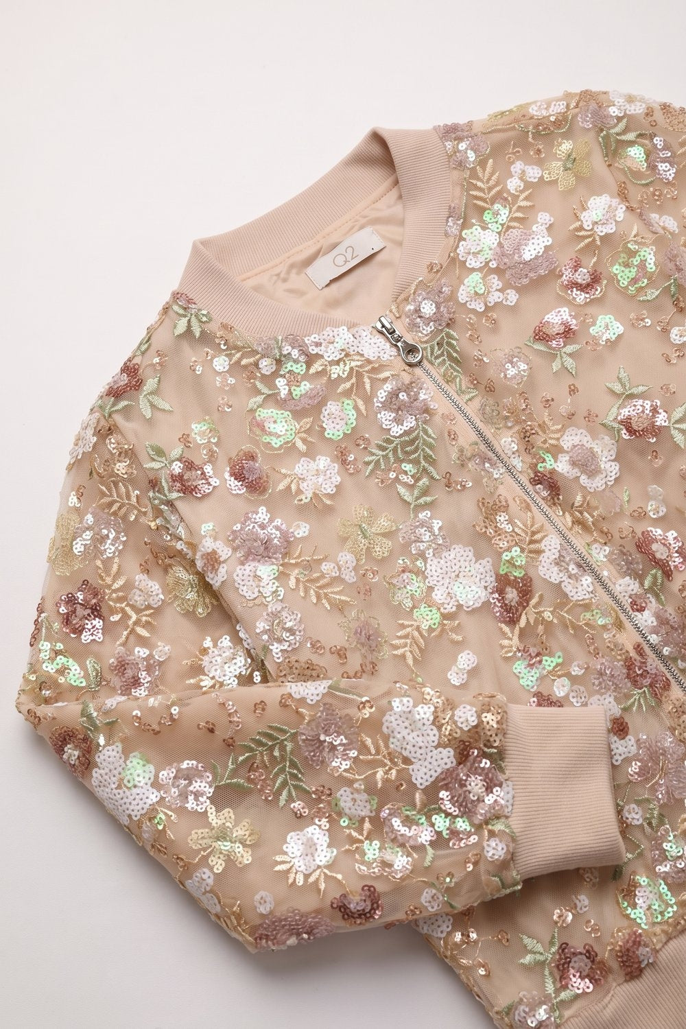 Beige Floral Sequined Sheer Zip Front Bomber Jacket - blazer
