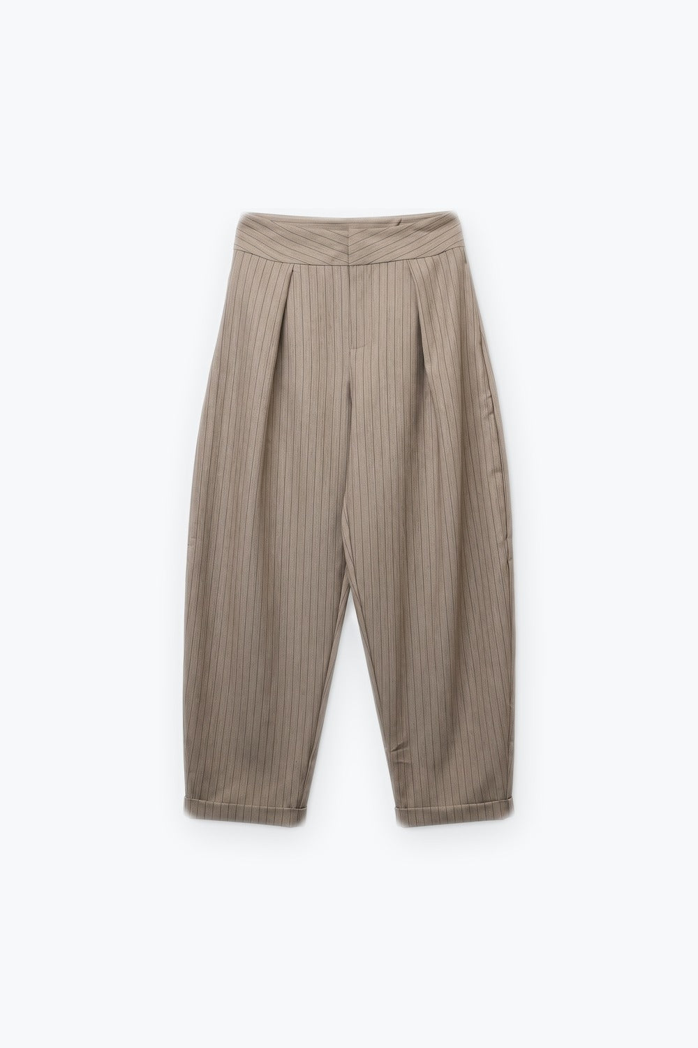 Beige Pinstripe Lightweight Woven High Waist Pleated Pants - trousers