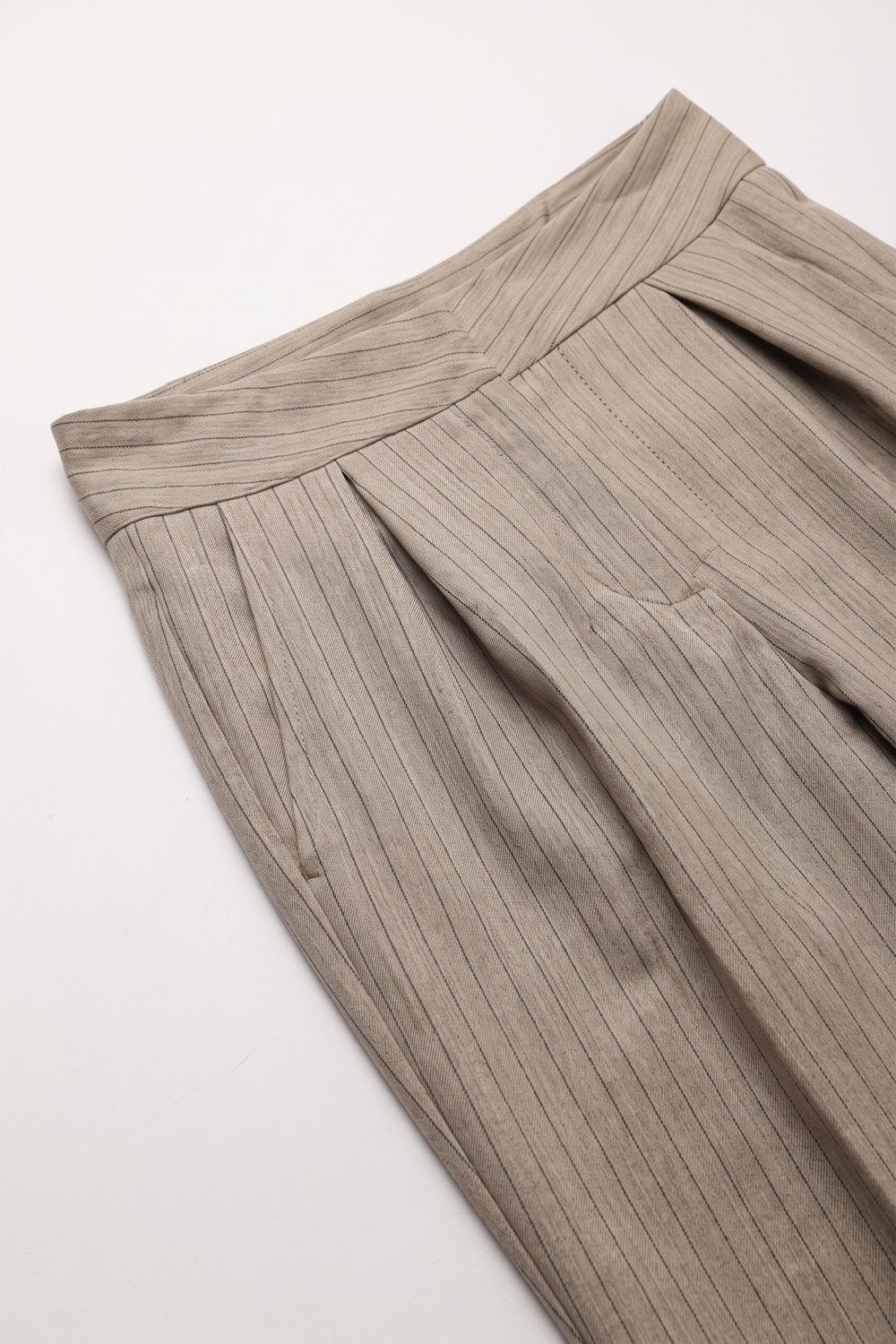 Beige Pinstripe Lightweight Woven High Waist Pleated Pants - trousers