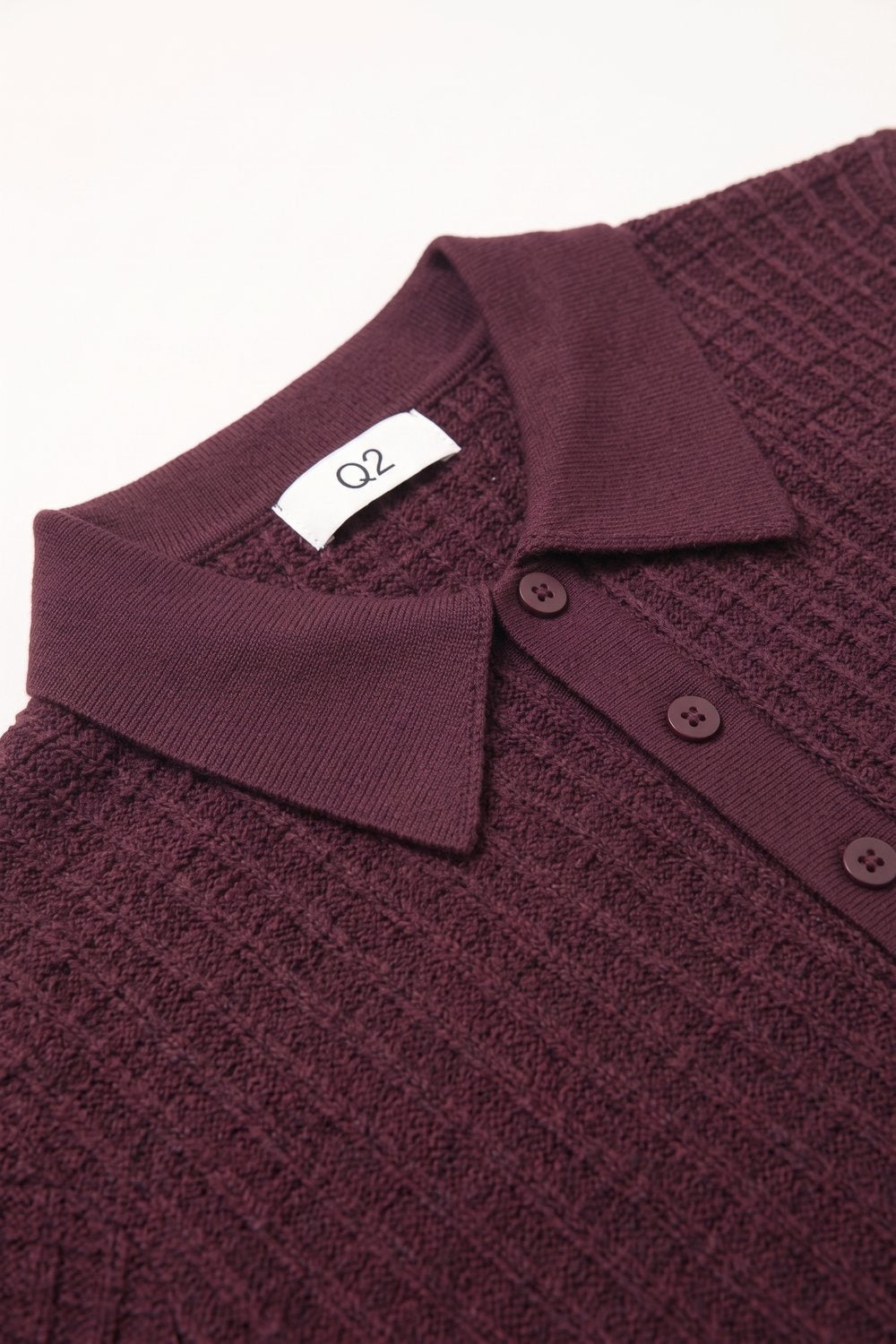 Waffle Knit Button-down Short Sleeve Polo in Burgundy - Polos