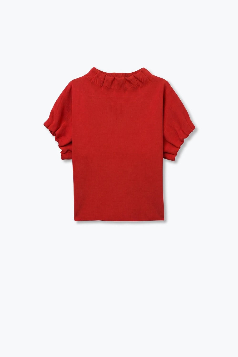Red Fine Knit Pleated Mock Neck Short Sleeve Sweater - jumper