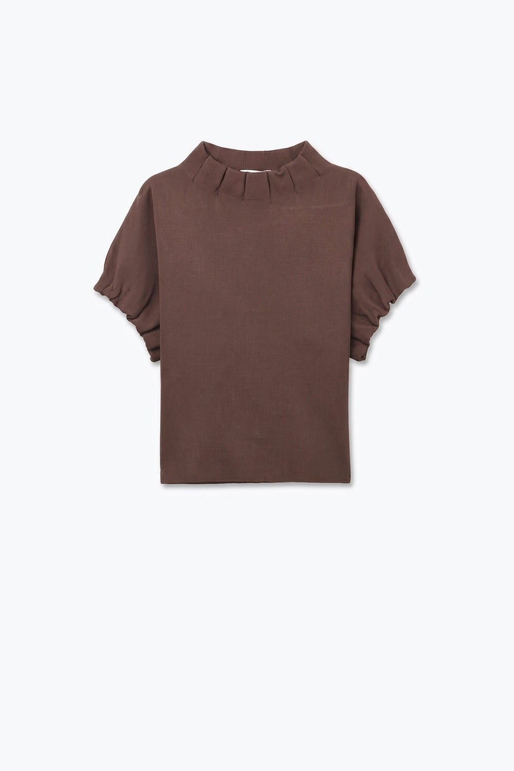 Brown Fine Knit Pleated Mock Neck Short Sleeve Sweater - jumper