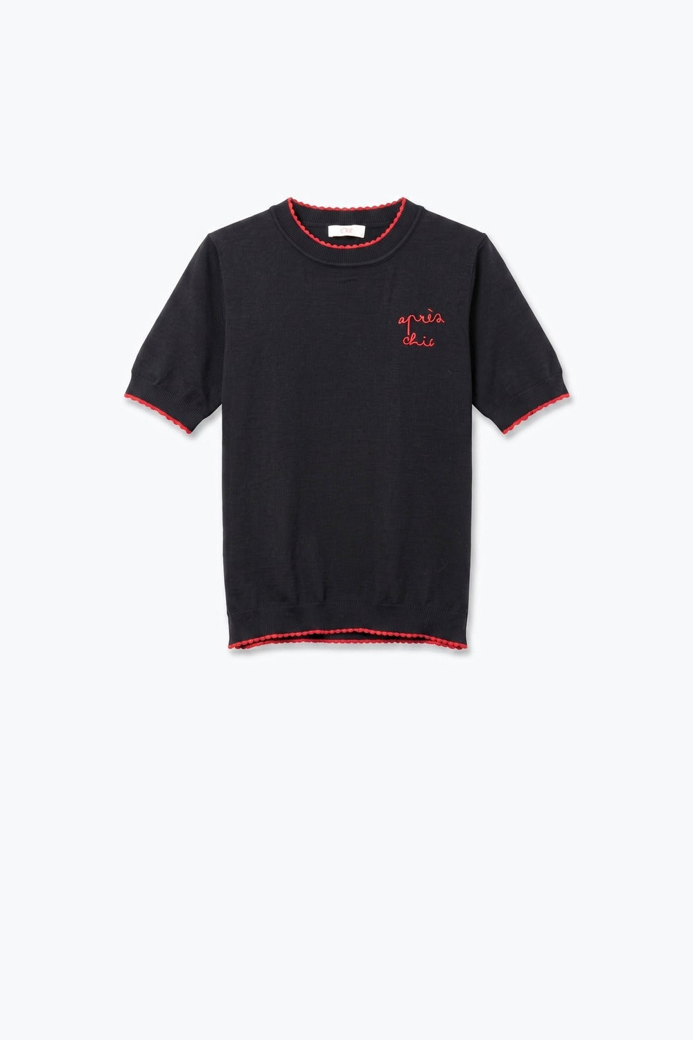 Navy Fine Knit Embroidered Short Sleeve sweater with red Trim - jumper