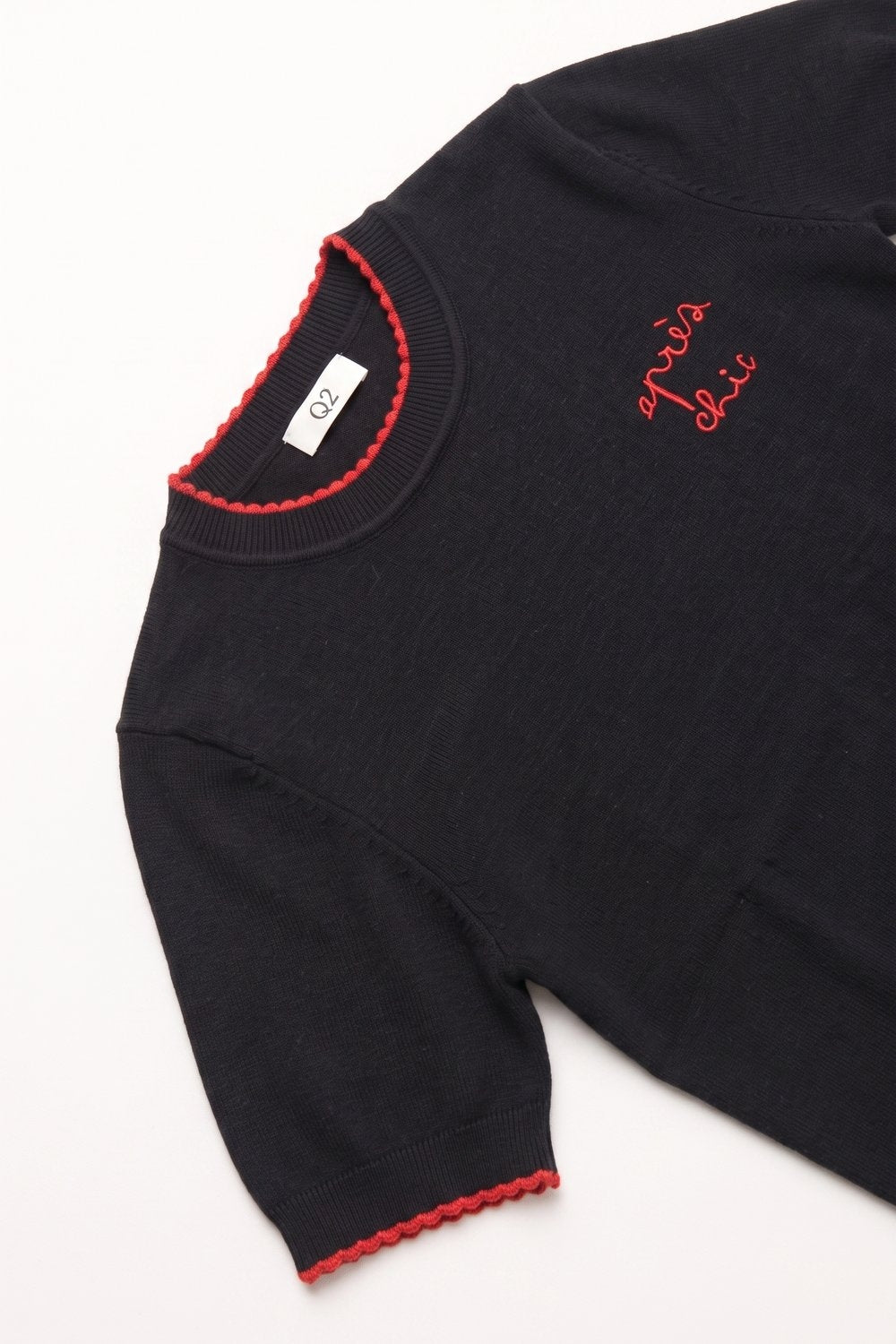 Navy Fine Knit Embroidered Short Sleeve sweater with red Trim - jumper