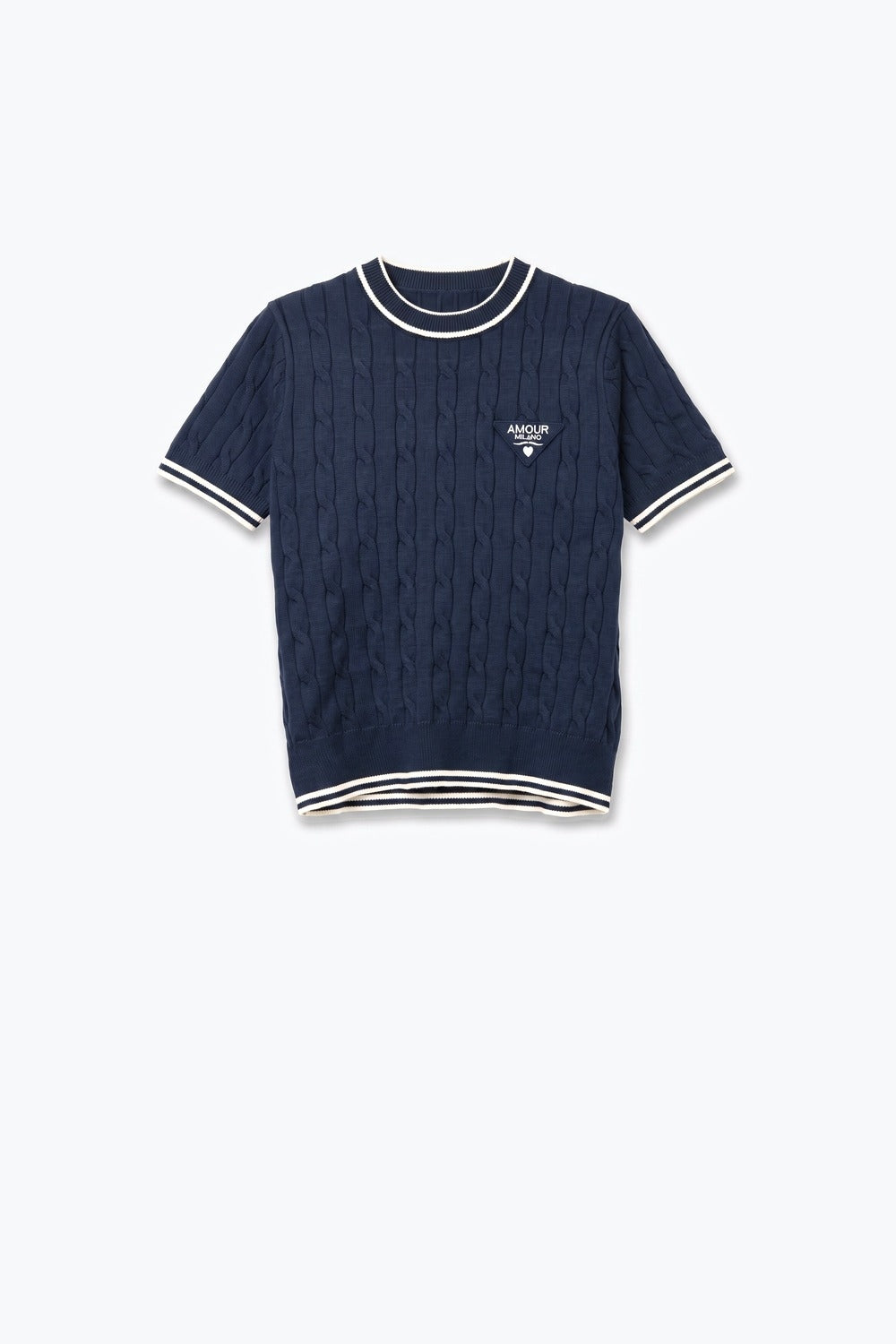 Navy Cable Knit Contrast Trim Short Sleeve Sweater Top - jumper