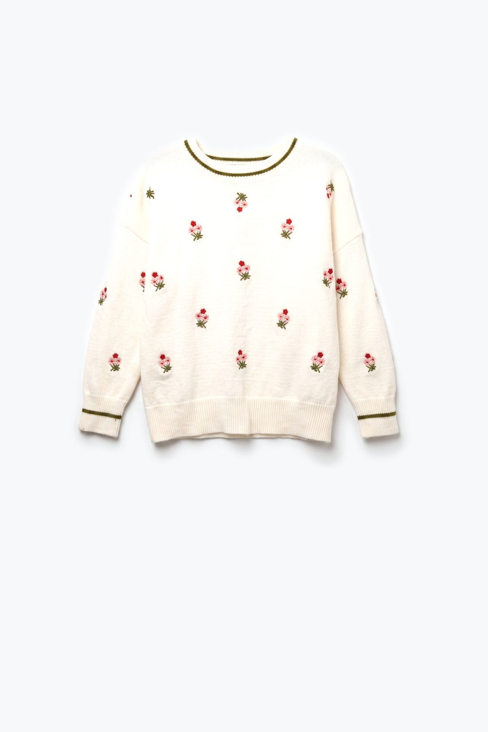 Cream Floral Embroidered Soft Knit Contrast Ribbed Trim Sweater - jumper
