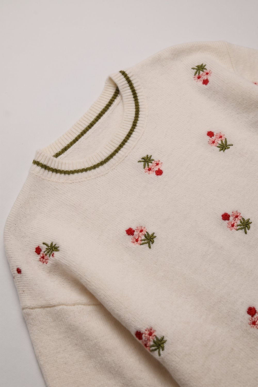 Cream Floral Embroidered Soft Knit Contrast Ribbed Trim Sweater - jumper