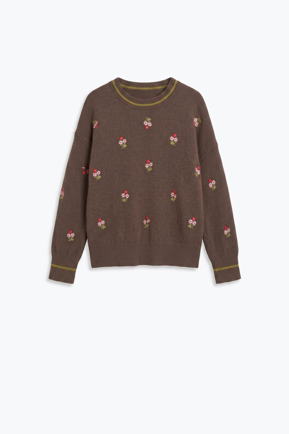 Brown Floral Embroidered chunky Knit Crew Neck Sweater - jumper