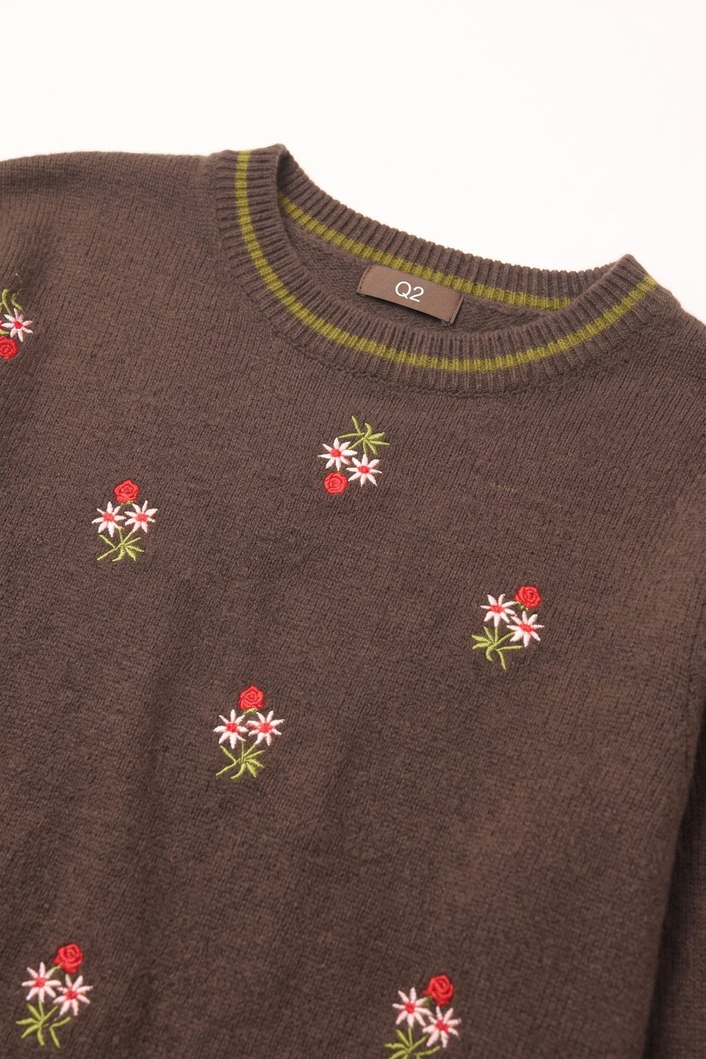 Brown Floral Embroidered chunky Knit Crew Neck Sweater - jumper