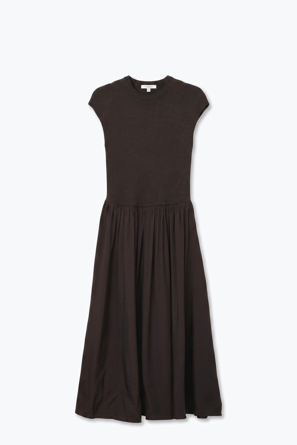 Brown Fine Knit Cap Sleeve Gathered satin Skirt Midi Dress - dress
