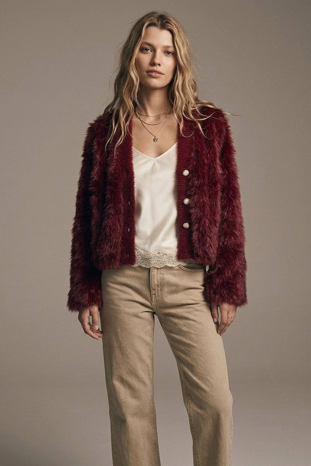Cropped Jacket in burgundy in fine fur - blazer