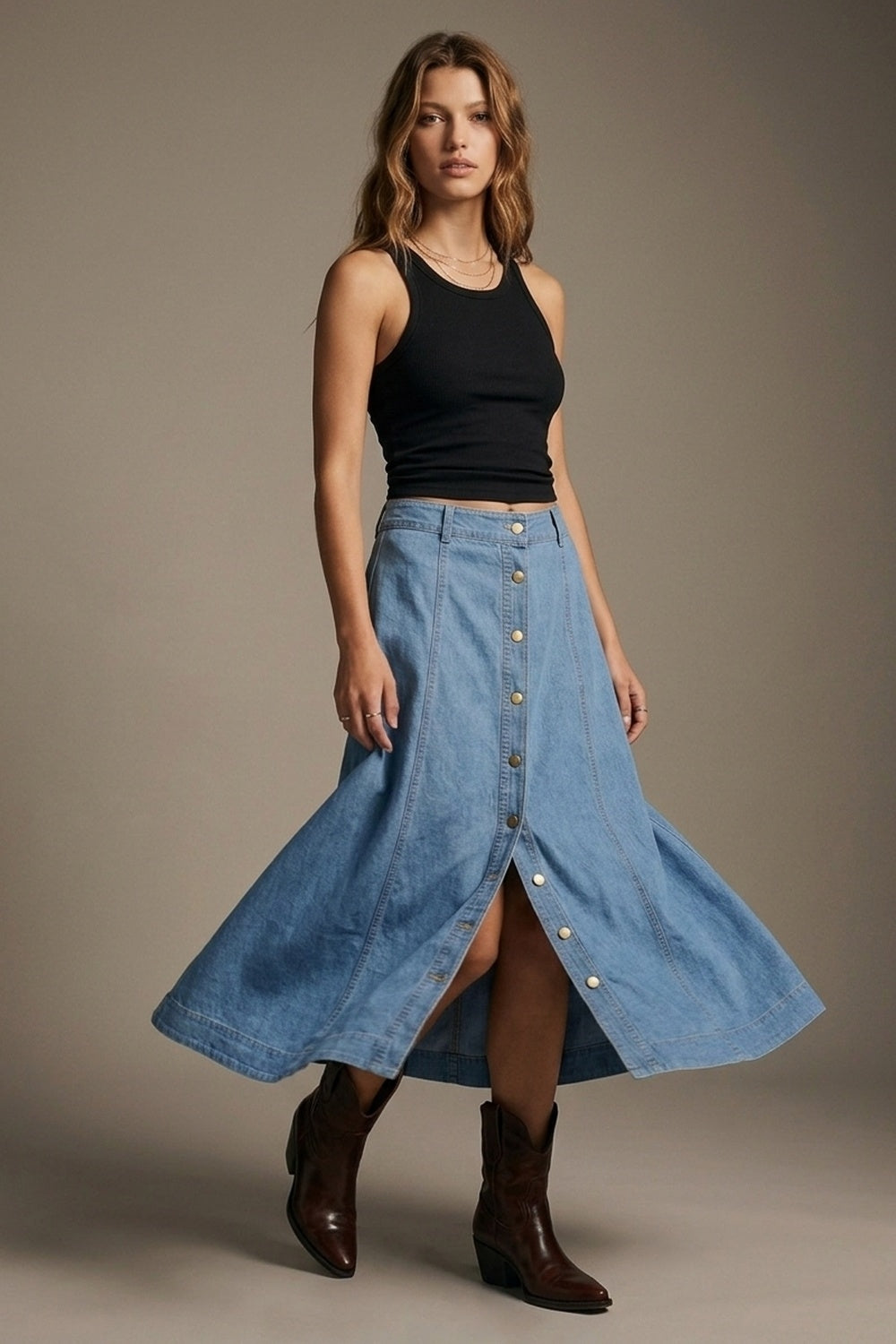 Light Blue Denim midi skirt with Contrast Stitch Button Front A-Line