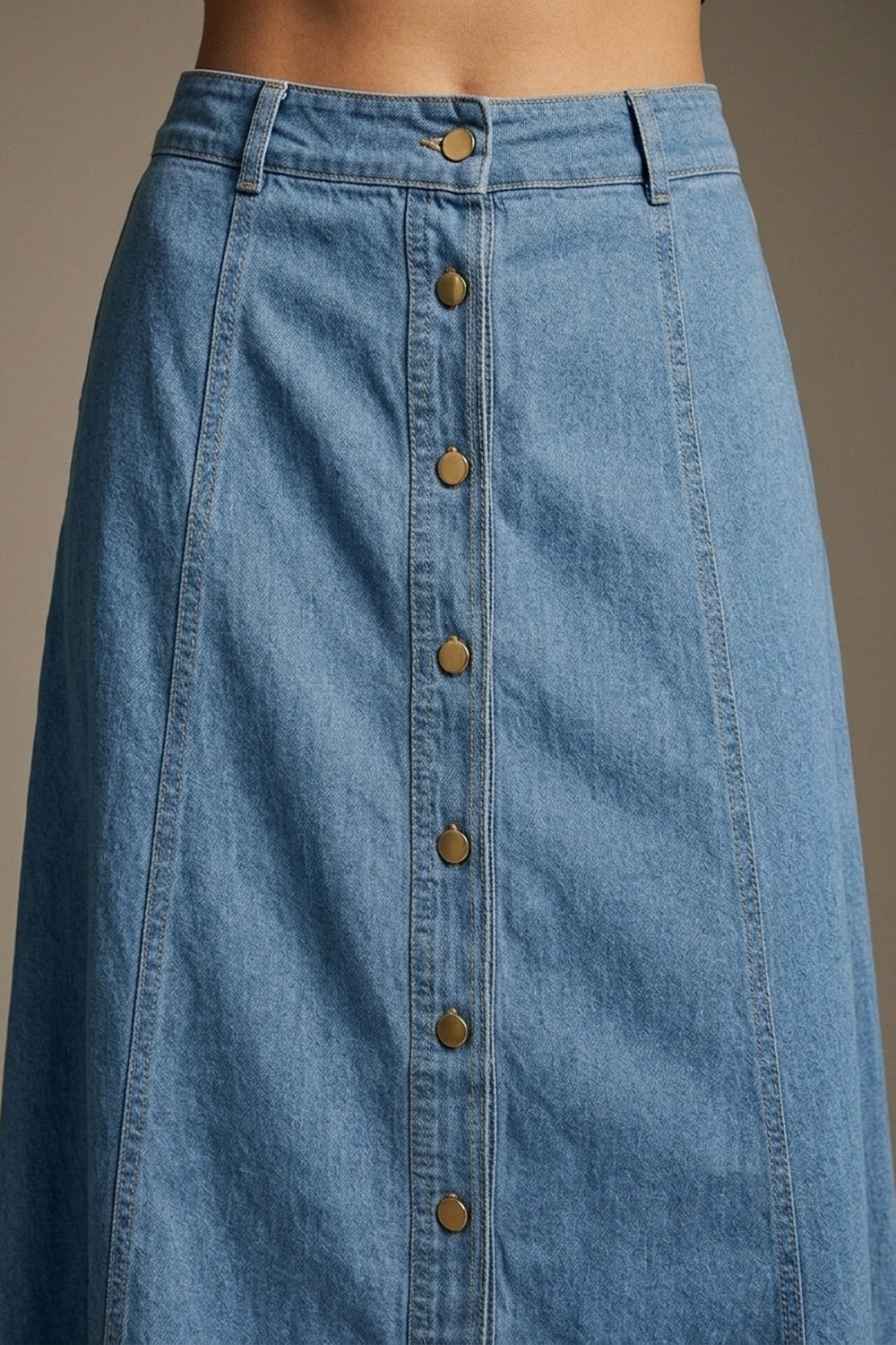 Light Blue Denim midi skirt with Contrast Stitch Button Front A-Line - Skirts