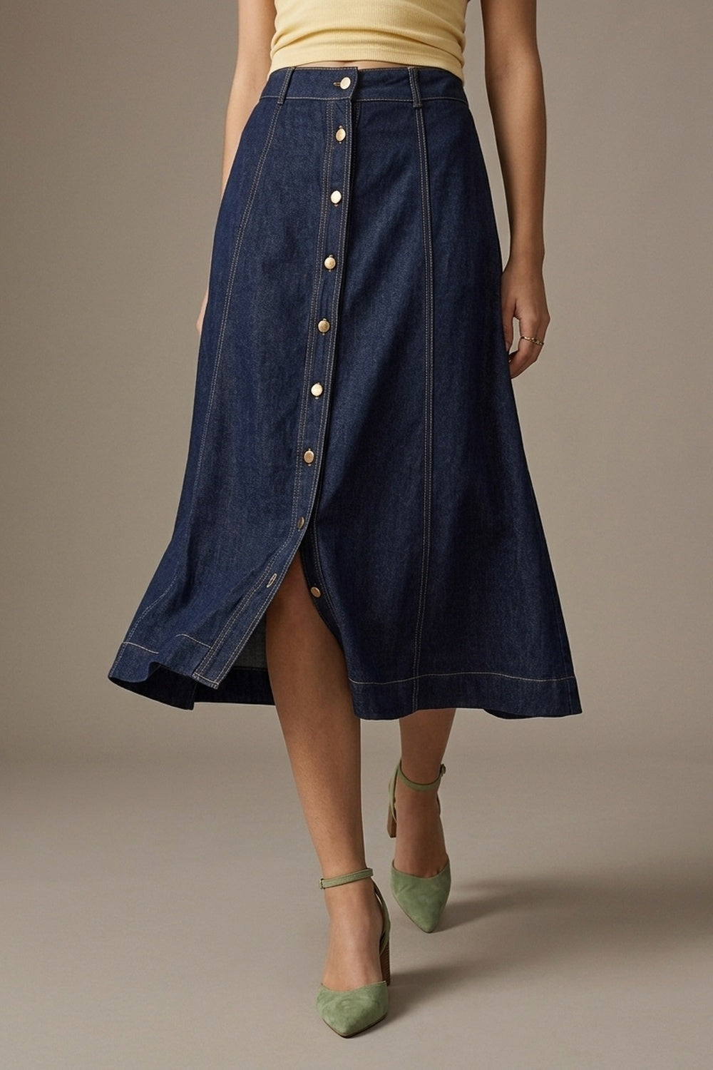 Dark Blue Denim midi skirt with Contrast Stitch Button Front A-Line - Skirts