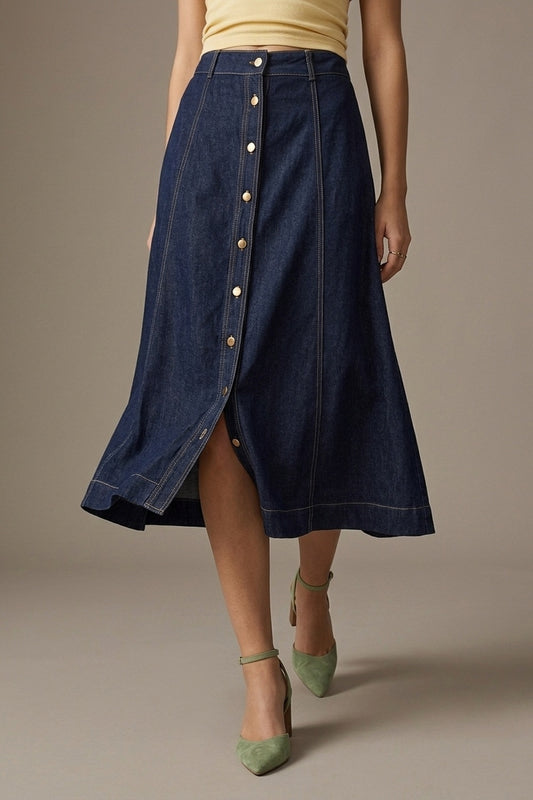 Dark Blue Denim midi skirt with Contrast Stitch Button Front A-Line - Skirts
