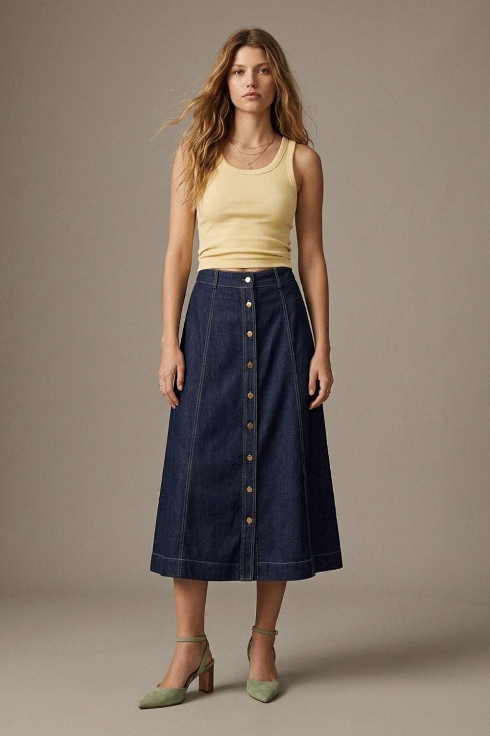Dark Blue Denim midi skirt with Contrast Stitch Button Front A-Line - Skirts