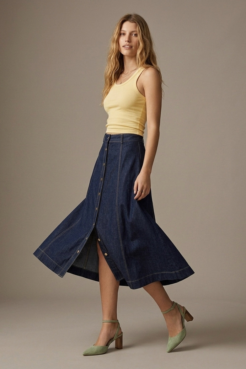 Dark Blue Denim midi skirt with Contrast Stitch Button Front A-Line - Skirts