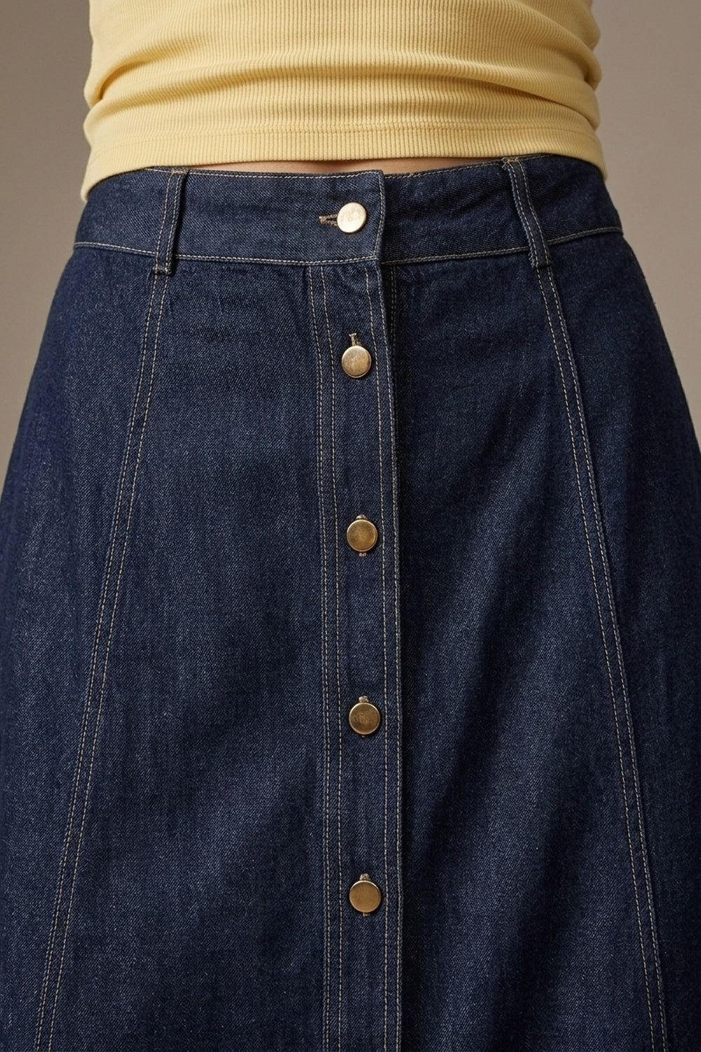 Dark Blue Denim midi skirt with Contrast Stitch Button Front A-Line - Skirts