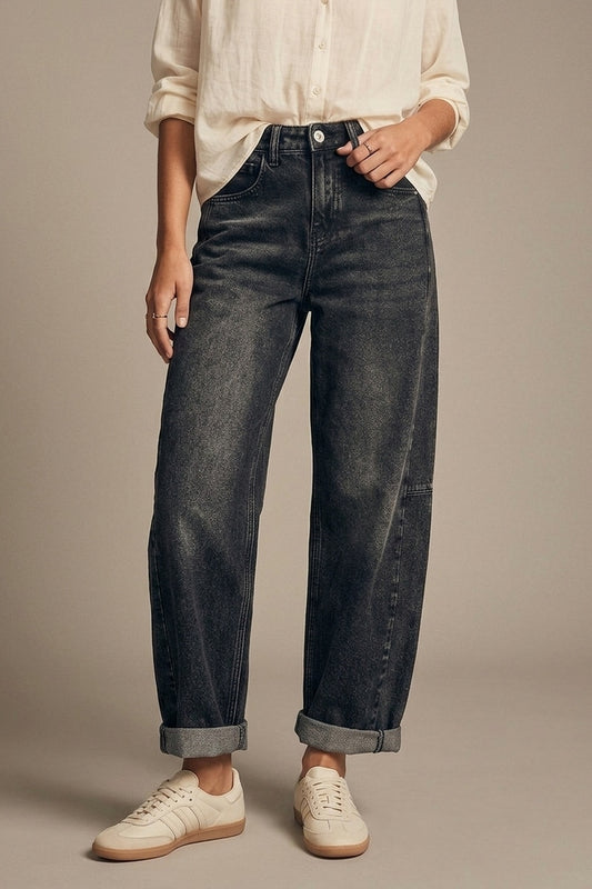 Washed Black Barrel Jeans With Seam Detail - Jeans