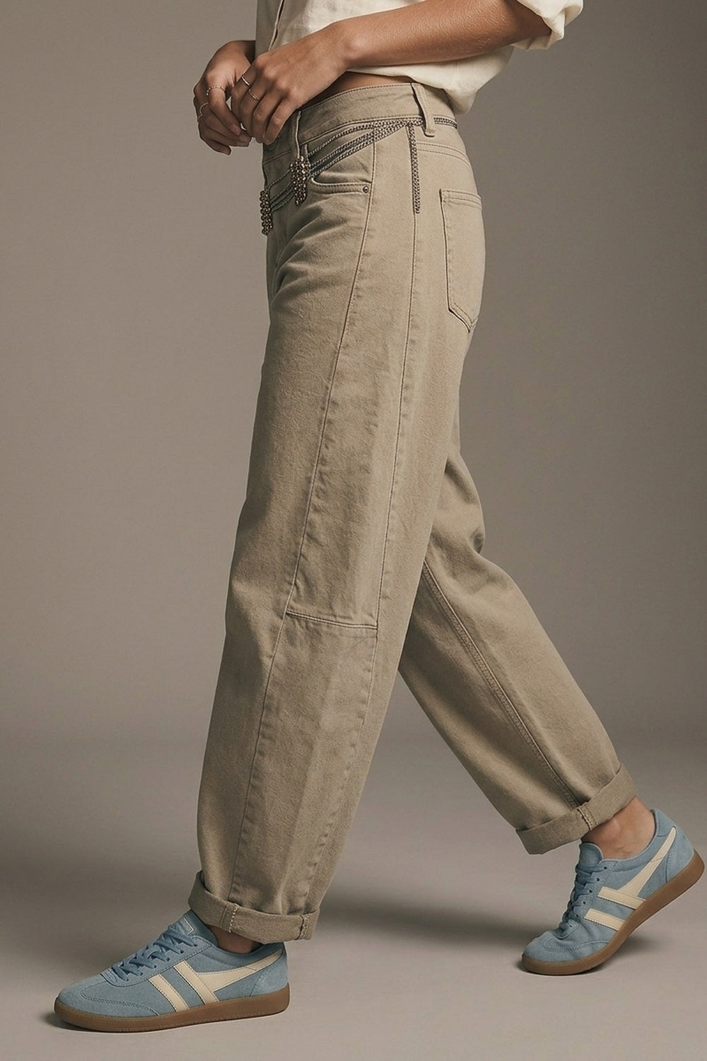Trendy Beige Baggy Barrel Balloon Jeans with Pockets - Coloured Jeans
